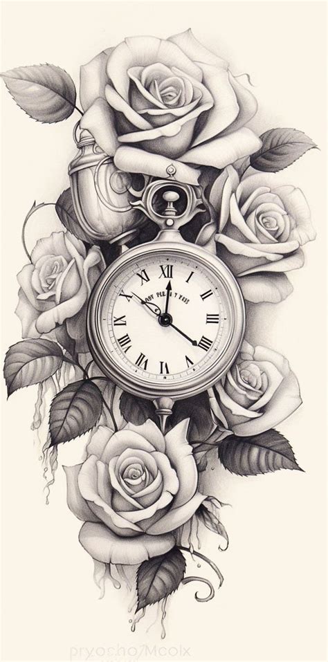 A Black And White Photo Of Roses With A Clock Tattoo Design On The Side