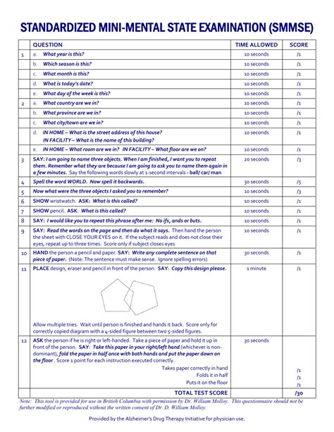 British Columbia Canada Standardized Mini Mental State Examination Form Alzheimer Amp 39 S Drug