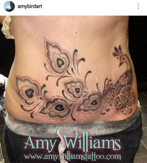 Dotwork Peacock Scar Coverup Stomach Tattoo By Amy Williams Blackwork