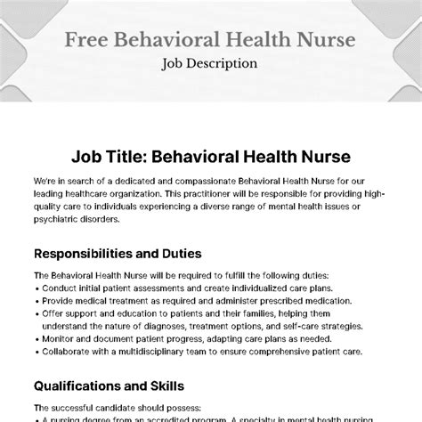 Free Behavioral Health Nurse Job Description Template Edit Online