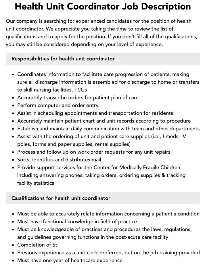 Health Unit Coordinator Job Description Velvet Jobs