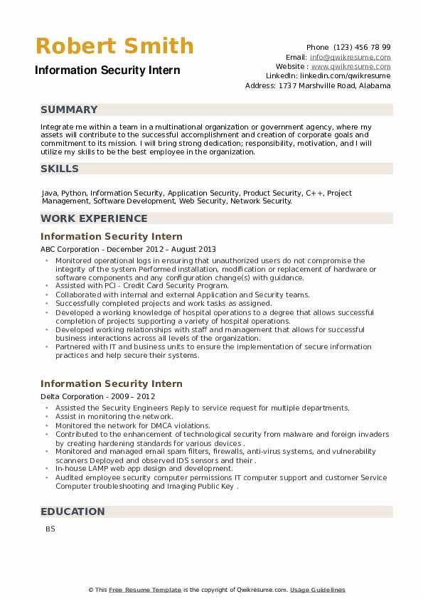 Information Security Intern Resume Samples Qwikresume