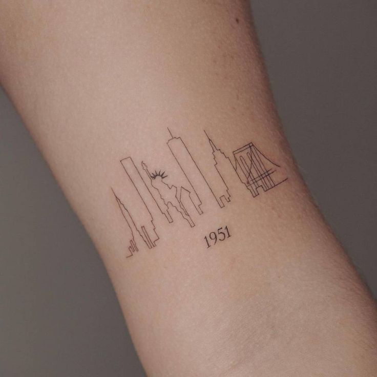 Minimalist Nyc Skyline Tattoo On The Bicep In 2023 Skyline Tattoo