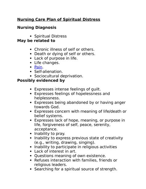 Nursing Care Plan Of Spiritual Distress Death Or Dying Of Self Or Others Lack Of Purpose In