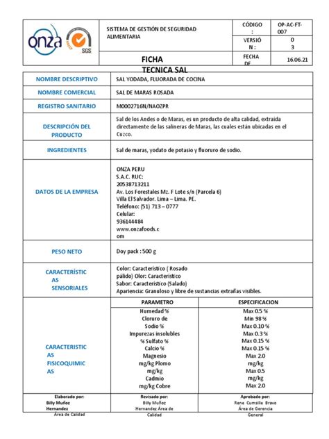 Sal De Maras Ficha Tecnica Pdf Sal Qu Mica